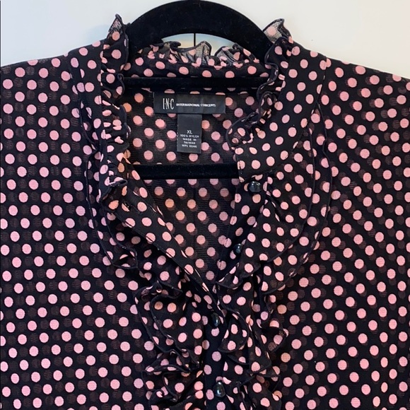 INC International Concepts Tops - INC Polka Dot Mesh Ruffle Blouse Pink & Black XL